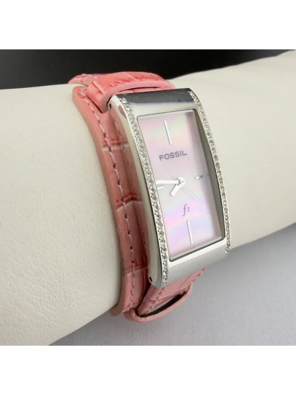 Fossil Womens F2 Pink Mother Of Pearl Dial Watch Crystal Leather Strap ES-9922